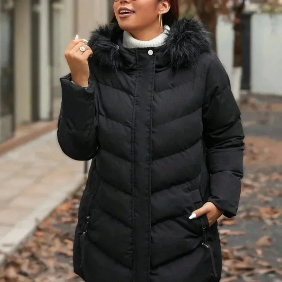 Black Casual Women's Plus Size Quilted Hooded Long Sleeve Mid-Length Padded Coat - Picture 8 of 8